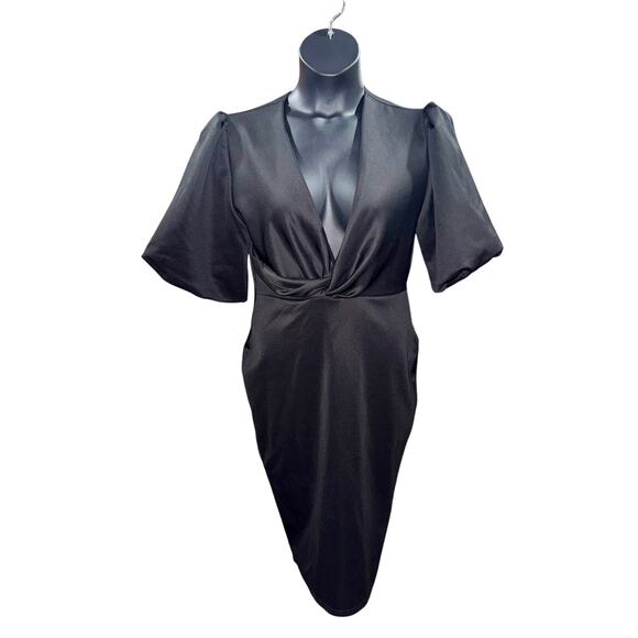 Boohoo Balloon Sleeve Twist Detail Black Midi Dress night out gothcore SZ US 12 - Picture 2 of 8